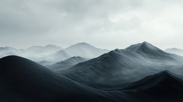 A misty mountain range under a cloudy sky, with layers of dark, textured peaks fading into the distance. - Powered by Adobe