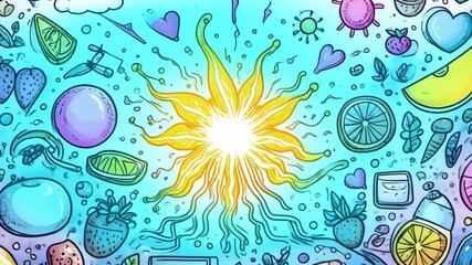Bright sunburst surrounded by colorful fruits, hearts, bubbles, and whimsical objects on a turquoise background, creating a playful, artistic design. - Powered by Adobe