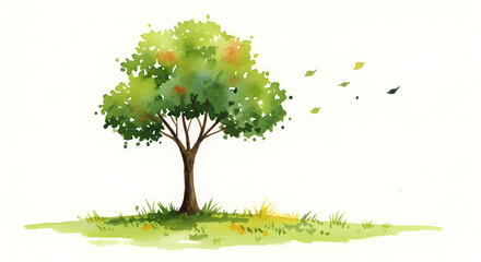 Green leafy tree standing alone with painted sky background. Watercolor style on canvas
