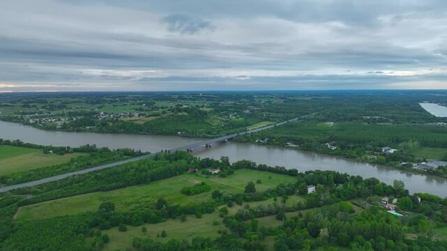 Sunset Bridge and river in Libourne from a drone, Gironde, Nouvelle-Aquitaine, Saint-&Eacute;milion and Pomerol, Southwestern France, Europe