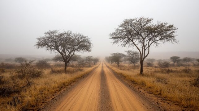 A dusty dirt road stretches through a dry savanna with scattered leafless trees under a hazy sky.