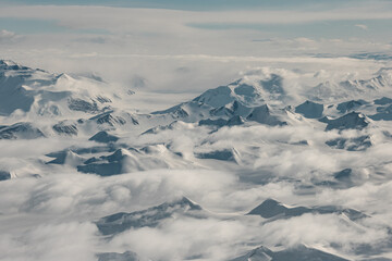 Wide aerial view of icy Antarctica landscape.