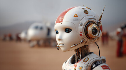 A robotic explorer interacts with its surroundings on a distant planet while conducting research and analysis.