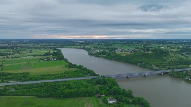 Sunset Bridge and river in Libourne from a drone, Gironde, Nouvelle-Aquitaine, Saint-&Eacute;milion and Pomerol, Southwestern France, Europe