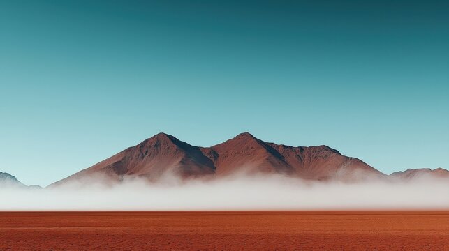 A serene desert landscape with a mountain range partially covered by low fog beneath a clear blue sky.