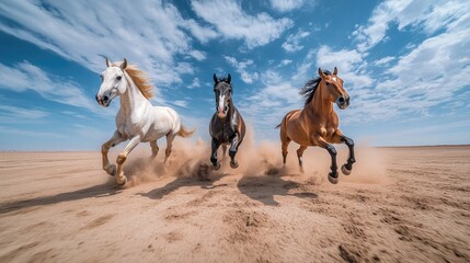 Three horses galloping across a sandy plain under a bright sky.