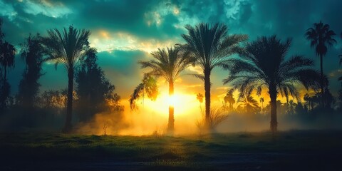 A serene sunrise illuminates tall palm trees with golden light, casting mist and shadows over a lush green landscape.