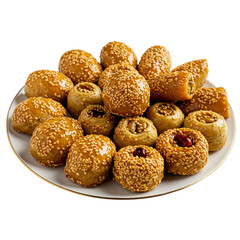 A plate of assorted sesame pastries, including round and oval shapes, with a golden-brown crust and a glossy finish, set against a transparent background.