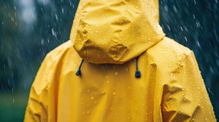 A raincoat with water droplets beading on its surface, showing the impermeable nature of the material