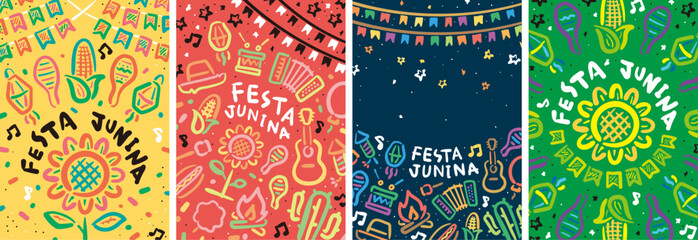 Festa Junina illustration poster set.Colorful hand drawn style.