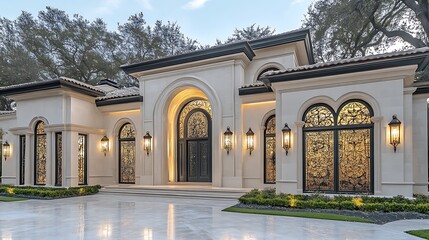 Obraz premium Elegant mansion exterior with architectural arches and intricate wrought iron details
