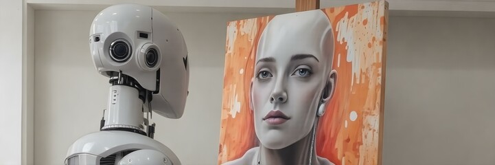 Robot Artist and Portrait: A humanoid robot stands beside a striking portrait it has painted, showcasing a blend of artificial intelligence and artistic creation.