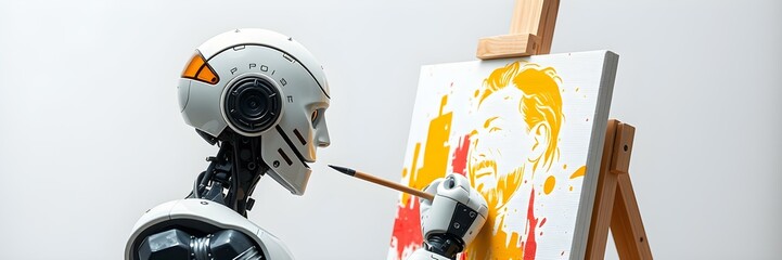 Artistic AI: A sleek, modern robot meticulously paints on a canvas, blending technology and creativity in a harmonious showcase of artificial intelligence and artistic expression.
