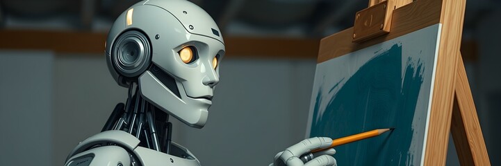 Artistic AI: A lifelike AI robot, in a striking display of innovation, meticulously paints on a canvas, blending technology with artistry.