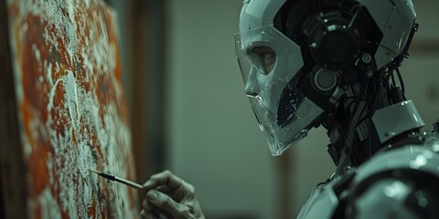 Robot Artist: A futuristic robot meticulously paints on a canvas, showcasing a blend of artificial intelligence and artistic expression.