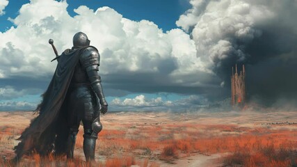 A knight in dark armor stands in a red grassy plain, looking at a distant ominous fortress beneath a cloudy sky, symbolizing epic fantasy conflict - Powered by Adobe
