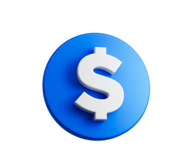3d Blue circular button with a white dollar symbol in the center. 3D Illustration.