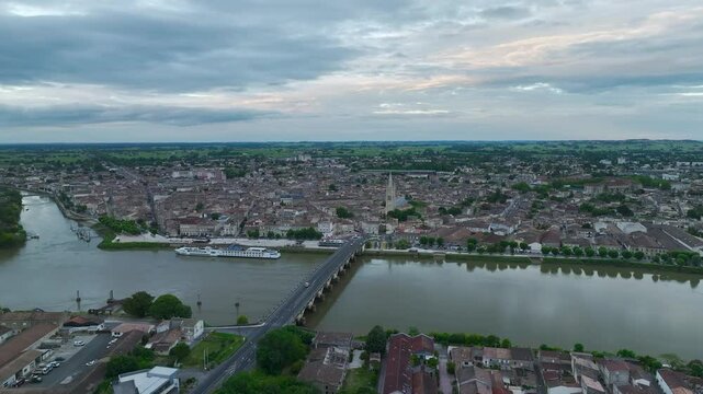 Twilight over Libourne from a drone, Gironde, Nouvelle-Aquitaine, Saint-&Eacute;milion and Pomerol, Southwestern France, Europe