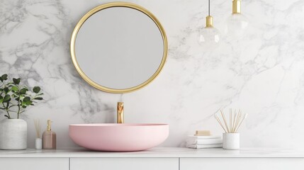 Modern Pink Bathroom Sink with Marble Walls. Interior Design. Possible use Home decor or bathroom inspiration