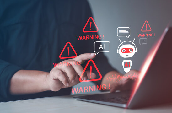 AI, technology and cybersecurity warnings are displayed as red holograms on laptop screens, which are futuristic chatbots, robot assistants, warnings of dangers, privacy violations and hacker risks.