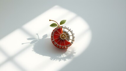 Clockwork Citrus: A close-up view of a whimsical, meticulously crafted mechanical fruit, showcasing gears and intricate details with a play of light and shadow.