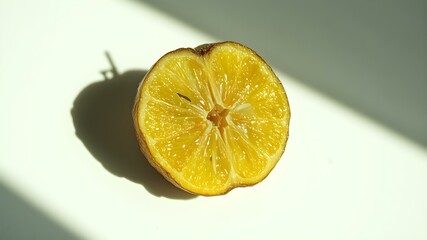 Half Lemon under Bright Light: A half-cut lemon gleams, its vibrant zest illuminated by the bright light, casting a crisp shadow on a surface.