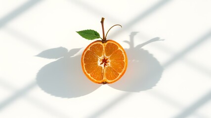 Playful Citrus Composition: A whimsical creation, where half of a juicy orange is artfully transformed into an apple, complete with a stem and a vibrant green leaf.