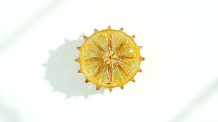 Golden Citrus Slice: A sun-kissed cross-section of a ripe, juicy lemon, casting a gentle shadow, a visual symphony of freshness and natural beauty.