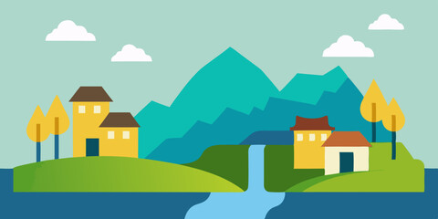 A quaint scenic beautiful remote and pretty village near cartoon video background scene vector illustration