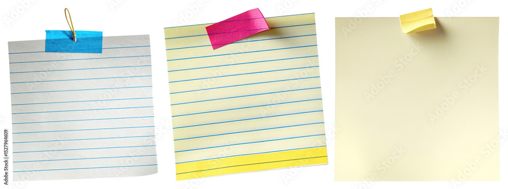 Poster png three lined sticky notes with colorful tape on top element set on transparent background.