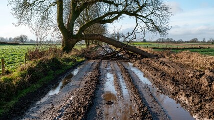 A muddy rural road blocked by a fallen tree, making it impassable for vehicles