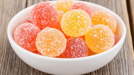 A vibrant bowl of colorful, sugar-coated gummy candies sits on a rustic wooden surface, perfect for showcasing flavors in food blogs, advertisements, or packaging design related to sweets and treats,