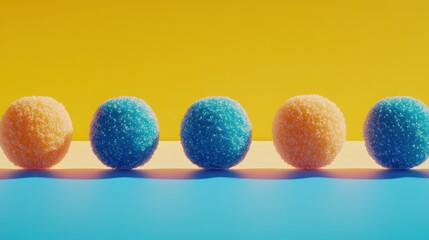 Colorful, textured spheres in orange and blue are aligned against a vibrant background, perfect for use in designs related to fun, creativity, or festive themes, Ideal for marketing and social media,