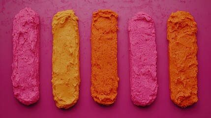 Brightly colored modeling pastes are arranged in stripes on a pink background, showcasing vibrant pink, orange, and yellow hues, Ideal for creative projects, baking, or art tutorials,