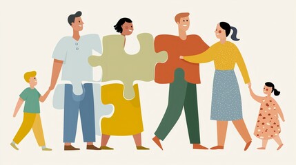 A family strolls together, each member holding a puzzle piece that represents their individual uniqueness and shared bond. This vibrant scene conveys a sense of togetherness and joy