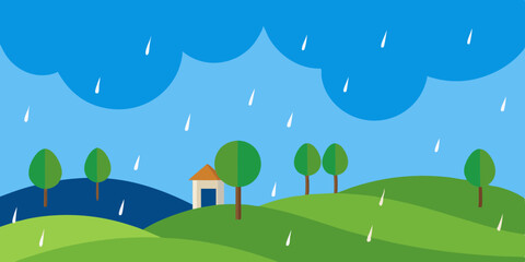 Obraz premium A wet melancholic moody calm and gray rainy countryside cartoon video background scene vector illustration