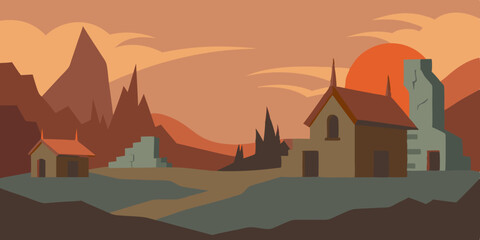 A forgotten rustic overgrown spooky and old abandoned cartoon video background scene vector illustration