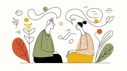 A line art illustration depicts a therapist and a client engaged in an open conversation, set in a soothing atmosphere enriched with nature-inspired elements
