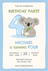 Birthday party invitation card with cute koala. Birthday party vector template	