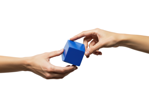 Isolated Hands Exchanging a Small Blue Cube