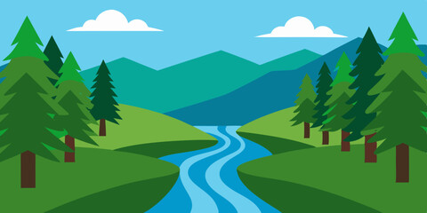 A clear babbling and small beautiful forest creek cartoon video background scene vector illustration