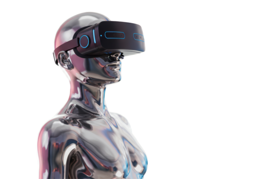 Isolated Chrome Mannequin Wearing VR Headset