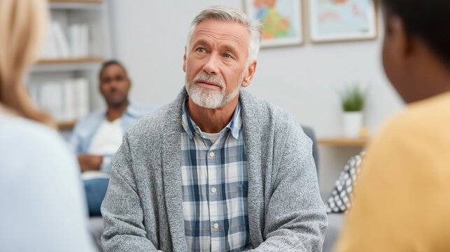 The senior male addiction counselor listens thoughtfully as he guides clients through their recovery journey in a warm, supportive therapy environment