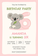 Birthday party invitation card with cute koala. Birthday party vector template	