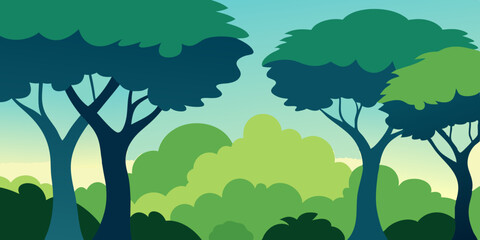 Obraz premium A dense green and high lush forest tree canopy cartoon video background scene vector illustration