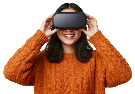 Isolated Woman with VR Headset Smiling and Immersed