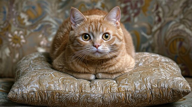 A cat sitting on a luxurious cushion with an imperious gaze, as though ruling its domain