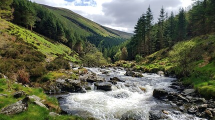 Rocky stream flowing through forest surrounded by pine trees and grassy hills, professional photography capturing natural landscape.