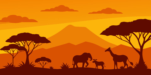 An adventurous wild african animal plain safari cartoon video background scene vector illustration