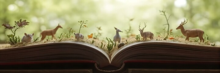 Book of Nature's Wonders: A miniature wonderland of wildlife springs to life from the pages of an open book, with a selection of deer, rabbit, flowers and plants.